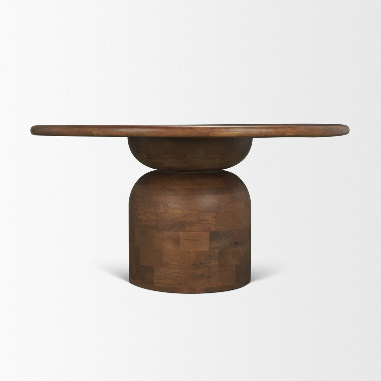 Atlas Warm Mid-Brown Wood Stacked Pedestal Base Round Dining Table by Mercana at Eve Furniture