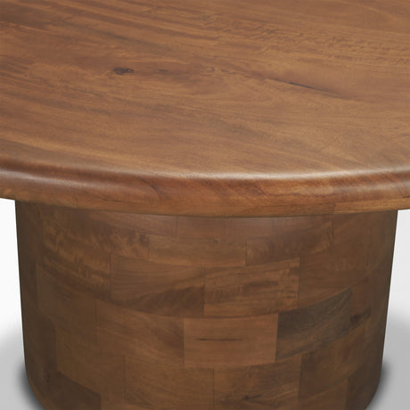 Atlas Warm Mid-Brown Wood Stacked Pedestal Base Round Dining Table by Mercana at Eve Furniture