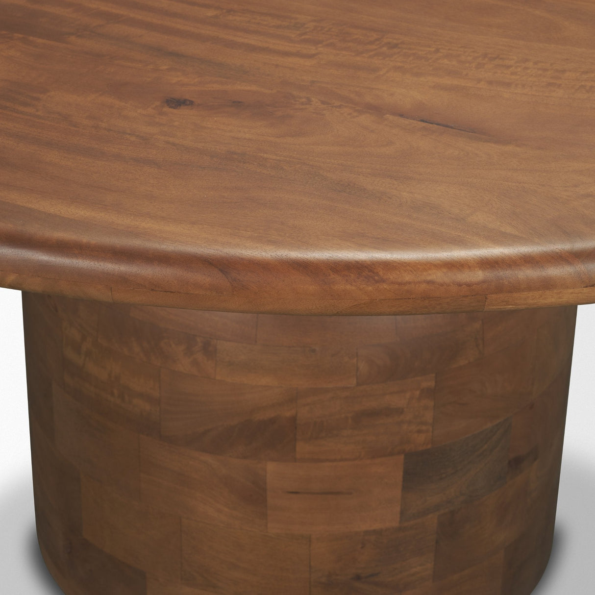 Atlas Warm Mid-Brown Wood Stacked Pedestal Base Round Dining Table by Mercana at Eve Furniture