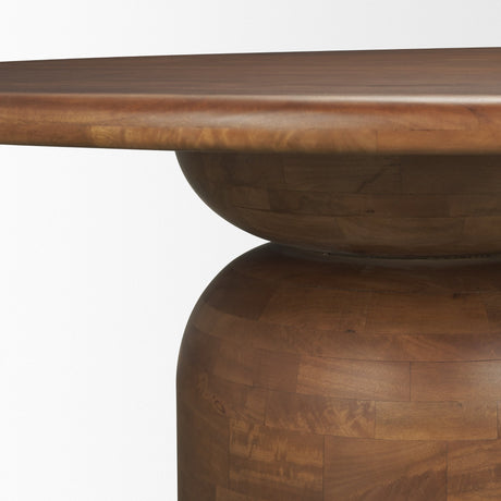 Atlas Warm Mid-Brown Wood Stacked Pedestal Base Round Dining Table by Mercana at Eve Furniture