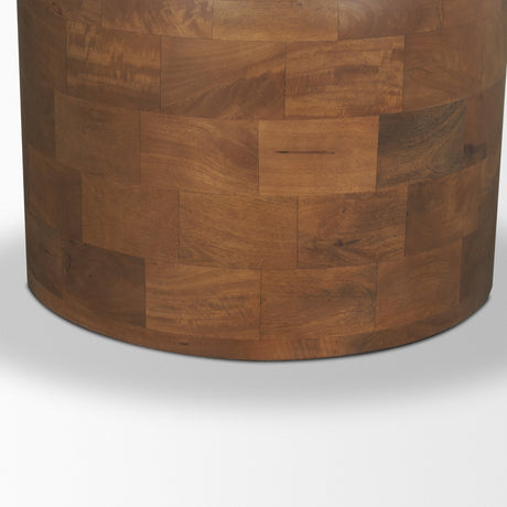 Atlas Warm Mid-Brown Wood Stacked Pedestal Base Round Dining Table by Mercana at Eve Furniture