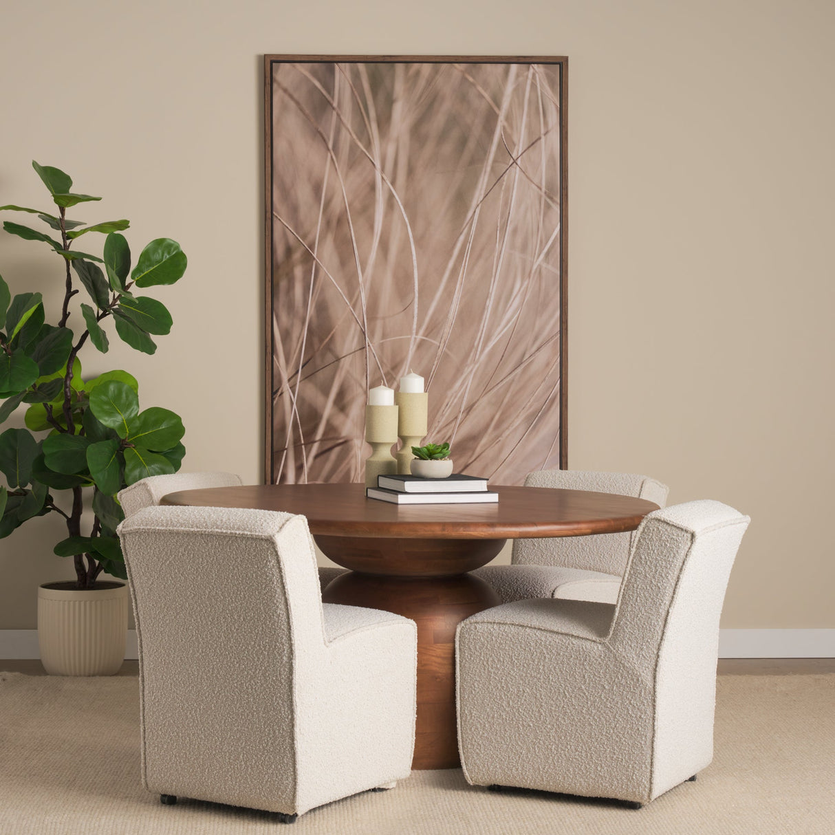 Atlas Warm Mid-Brown Wood Stacked Pedestal Base Round Dining Table by Mercana at Eve Furniture
