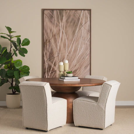 Atlas Warm Mid-Brown Wood Stacked Pedestal Base Round Dining Table by Mercana at Eve Furniture