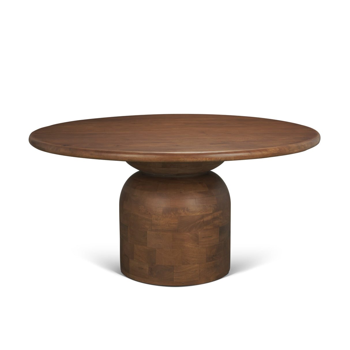 Atlas Warm Mid-Brown Wood Stacked Pedestal Base Round Dining Table by Mercana at Eve Furniture