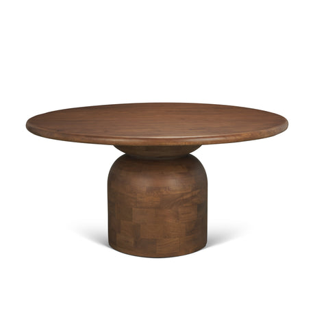 Atlas Warm Mid-Brown Wood Stacked Pedestal Base Round Dining Table by Mercana at Eve Furniture