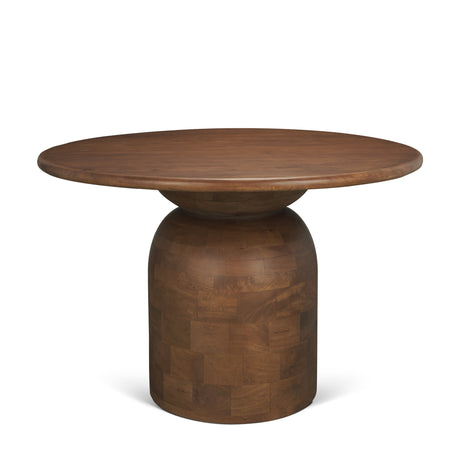 Atlas Warm Mid-Brown Wood Stacked Pedestal Base Round Dining Table by Mercana at Eve Furniture