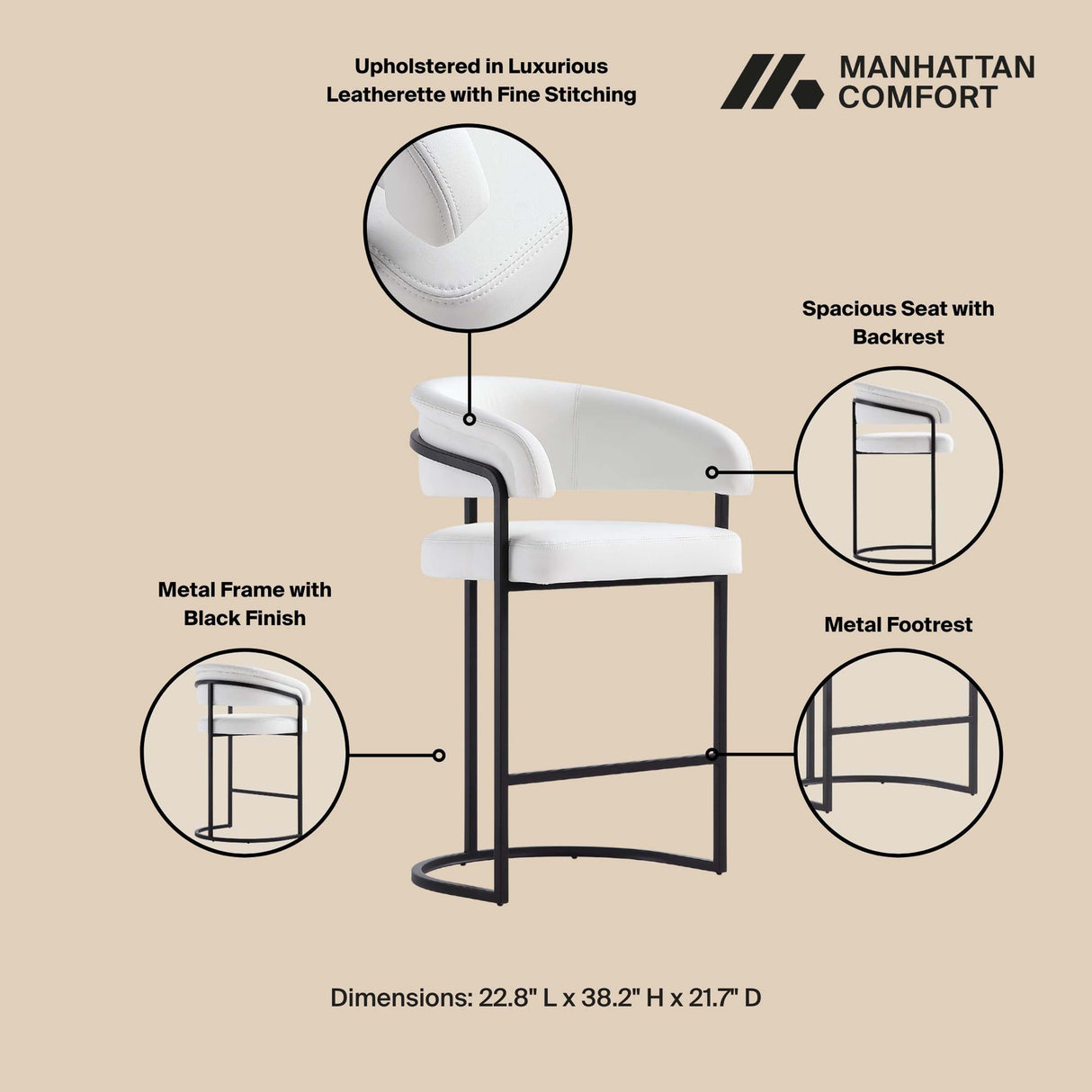 Augusta Counter Stool in White (set of 3) by Manhattan Comfort at Eve Furniture