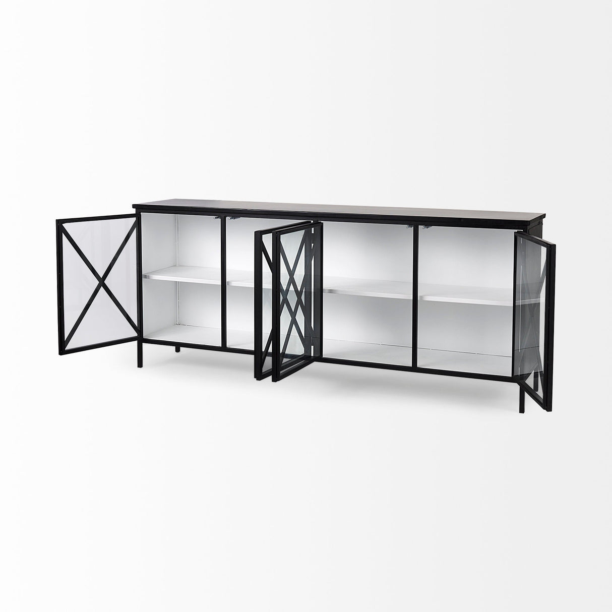 Aurelia 79.0L x 16.0W x 33.0H Black and White Metal Four Door Glass Cabinet by Mercana at Eve Furniture