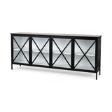 Aurelia 79.0L x 16.0W x 33.0H Black and White Metal Four Door Glass Cabinet by Mercana at Eve Furniture