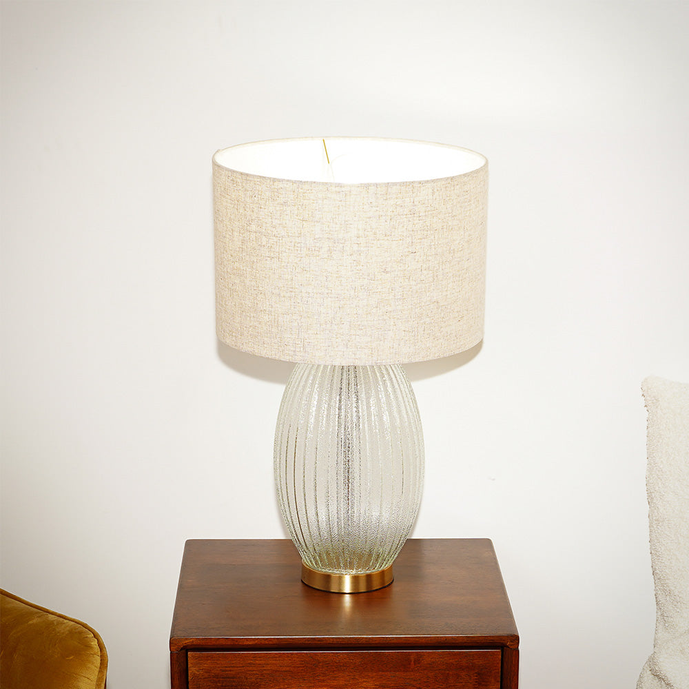 Aurora Ribbed Glass Lamp Base Clear Table Lamp Large Linen Shade by Ashcroft Furniture at Eve Furniture
