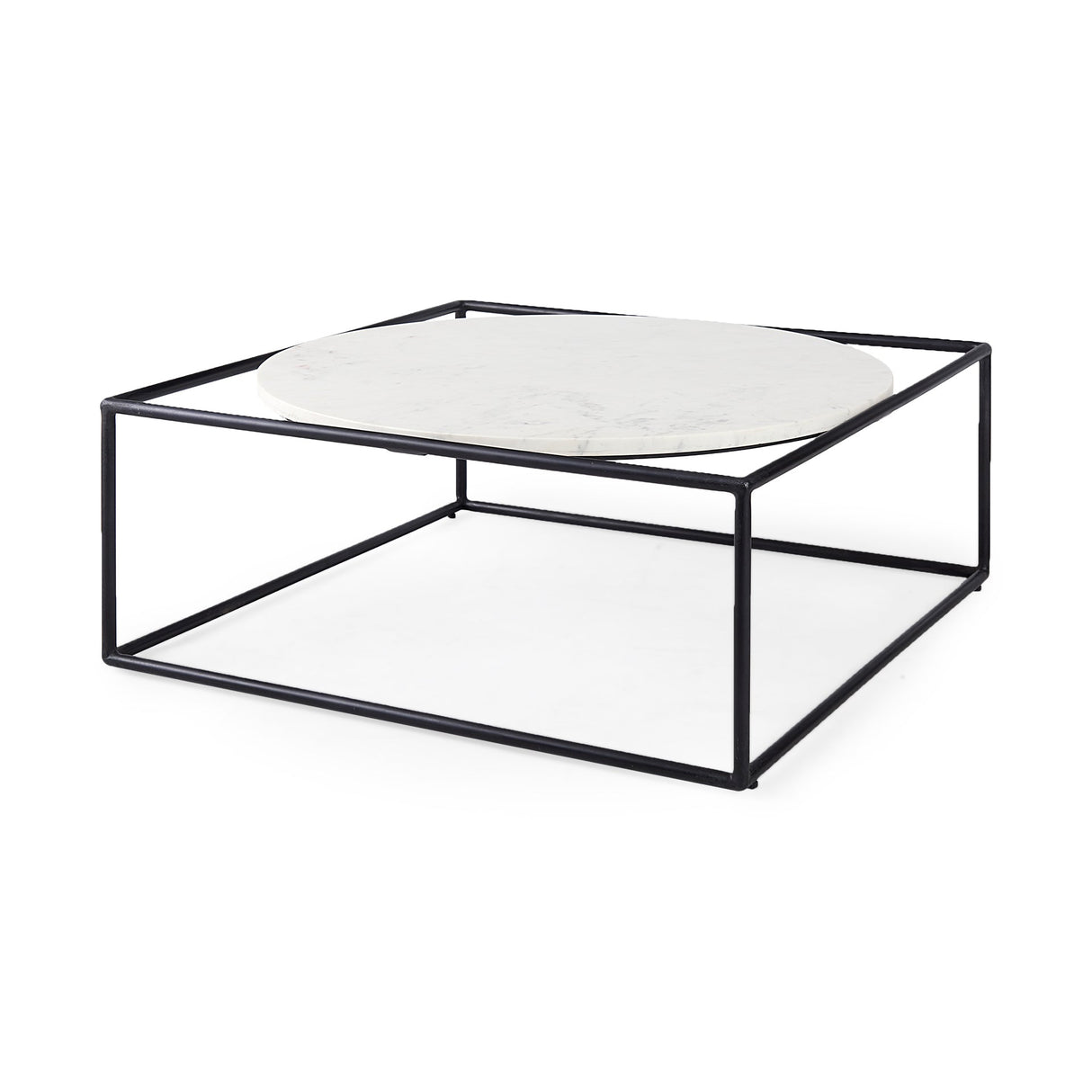 Austen 36L x 36W x 14.5H Round White Marble Top W/ Black Metal Frame Coffee Table by Mercana at Eve Furniture