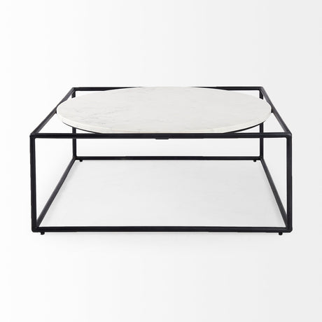 Austen Round White Marble Top W/ Black Metal Frame Coffee Table by Mercana at Eve Furniture