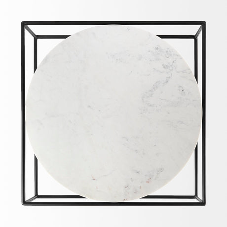 Austen Round White Marble Top W/ Black Metal Frame Coffee Table by Mercana at Eve Furniture