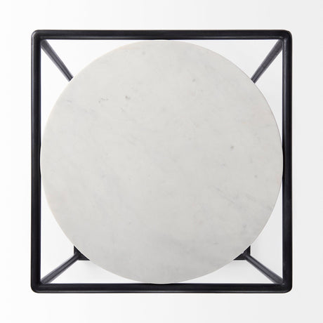 Austen Round White Marble Top W/ Black Metal Frame Side Table by Mercana at Eve Furniture