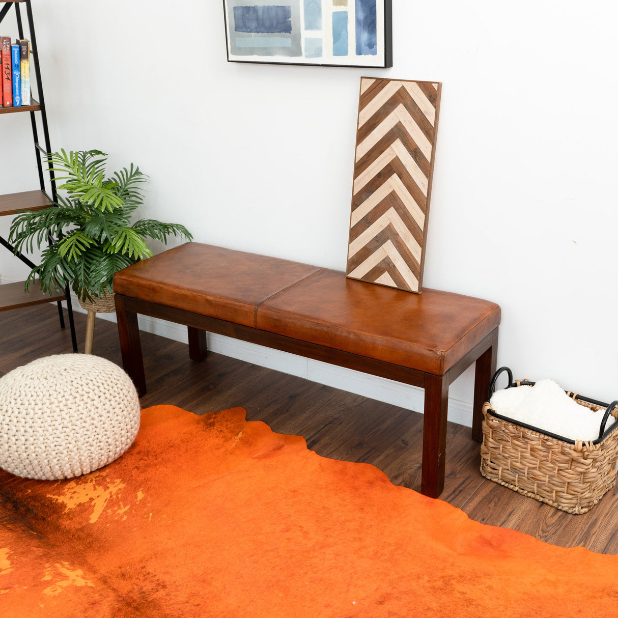 Austin Antique Tan Leather Bench with Lines by Ashcroft Furniture at Eve Furniture