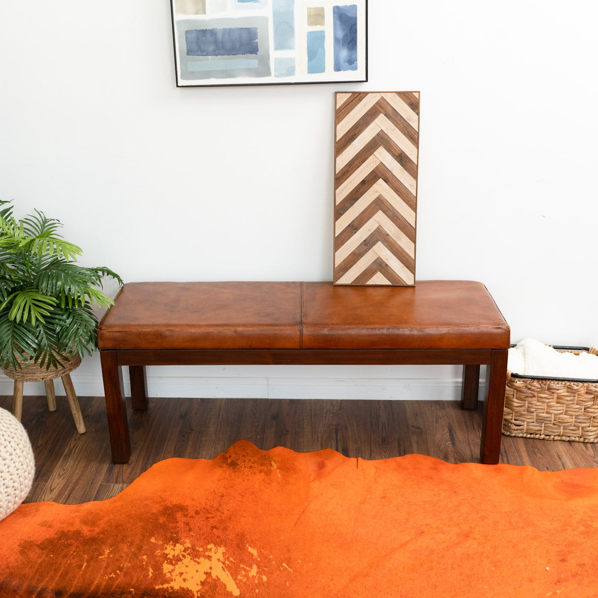 Austin Antique Tan Leather Bench with Lines by Ashcroft Furniture at Eve Furniture