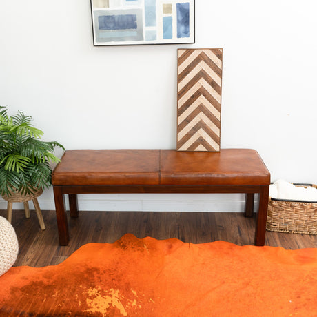 Austin Antique Tan Leather Bench with Lines by Ashcroft Furniture at Eve Furniture