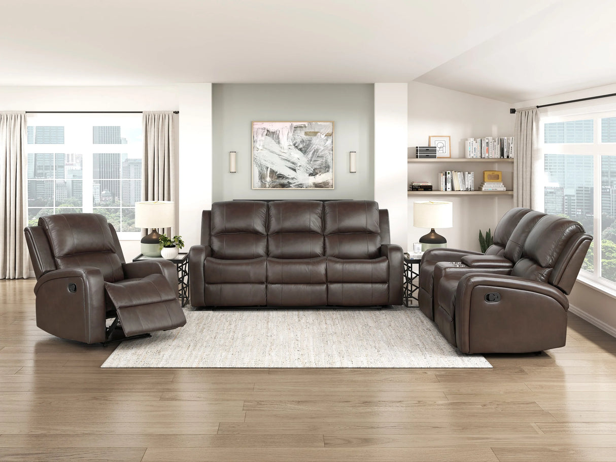 Austin Brown Genuine Leather Double Reclining Loveseat with Center Console by Homelegance at Eve Furniture