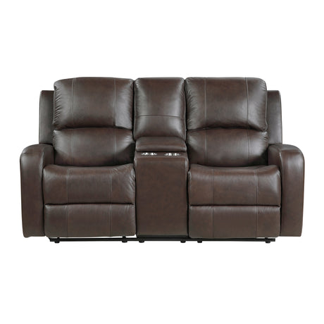 Austin Brown Genuine Leather Double Reclining Loveseat with Center Console by Homelegance at Eve Furniture