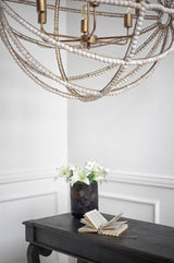 Ava White Gold Metal and White Wood Beaded Six Bulb Chandelier by Mercana at Eve Furniture