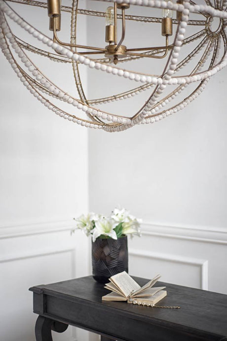 Ava White Gold Metal and White Wood Beaded Six Bulb Chandelier by Mercana at Eve Furniture