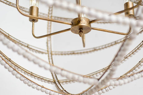 Ava White Gold Metal and White Wood Beaded Six Bulb Chandelier by Mercana at Eve Furniture