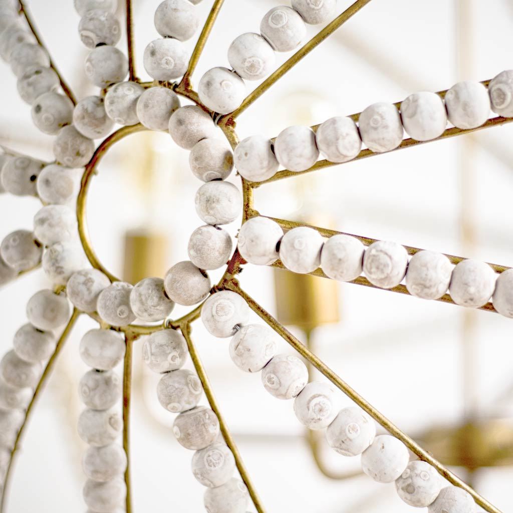 Ava White Gold Metal and White Wood Beaded Six Bulb Chandelier by Mercana at Eve Furniture