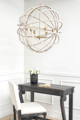 Ava White Gold Metal and White Wood Beaded Six Bulb Chandelier by Mercana at Eve Furniture