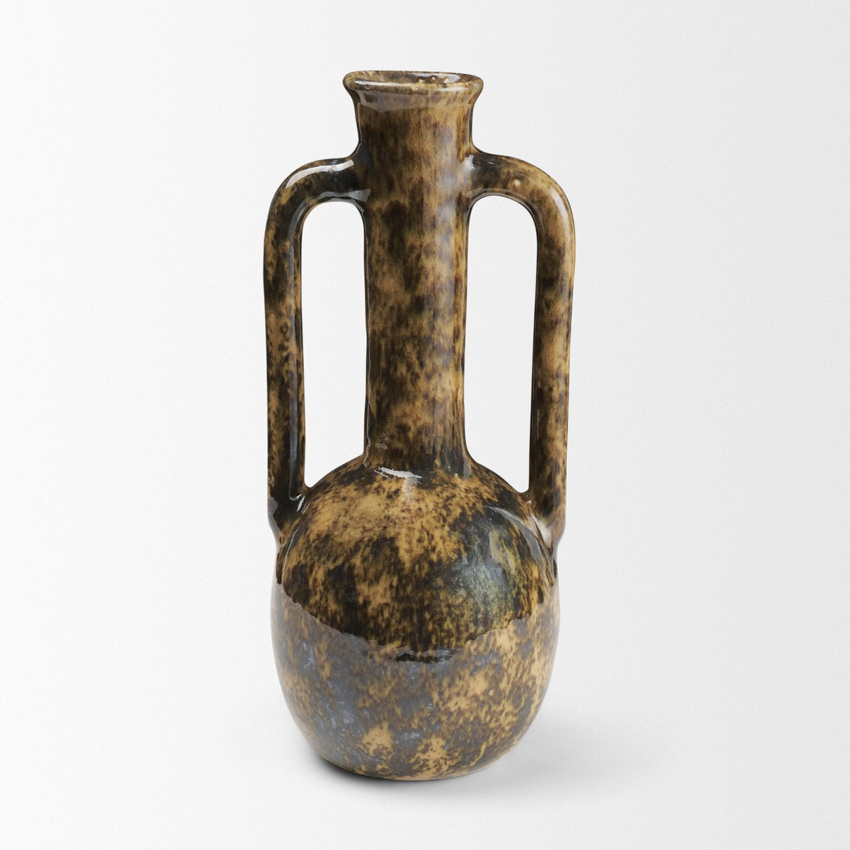 Aven Mottled Brown Glazed Ceramic Tall Neck Decorative Vase w/ Handles by Mercana at Eve Furniture