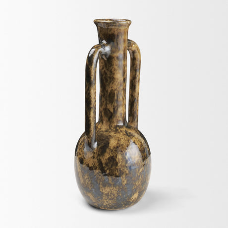 Aven Mottled Brown Glazed Ceramic Tall Neck Decorative Vase w/ Handles by Mercana at Eve Furniture