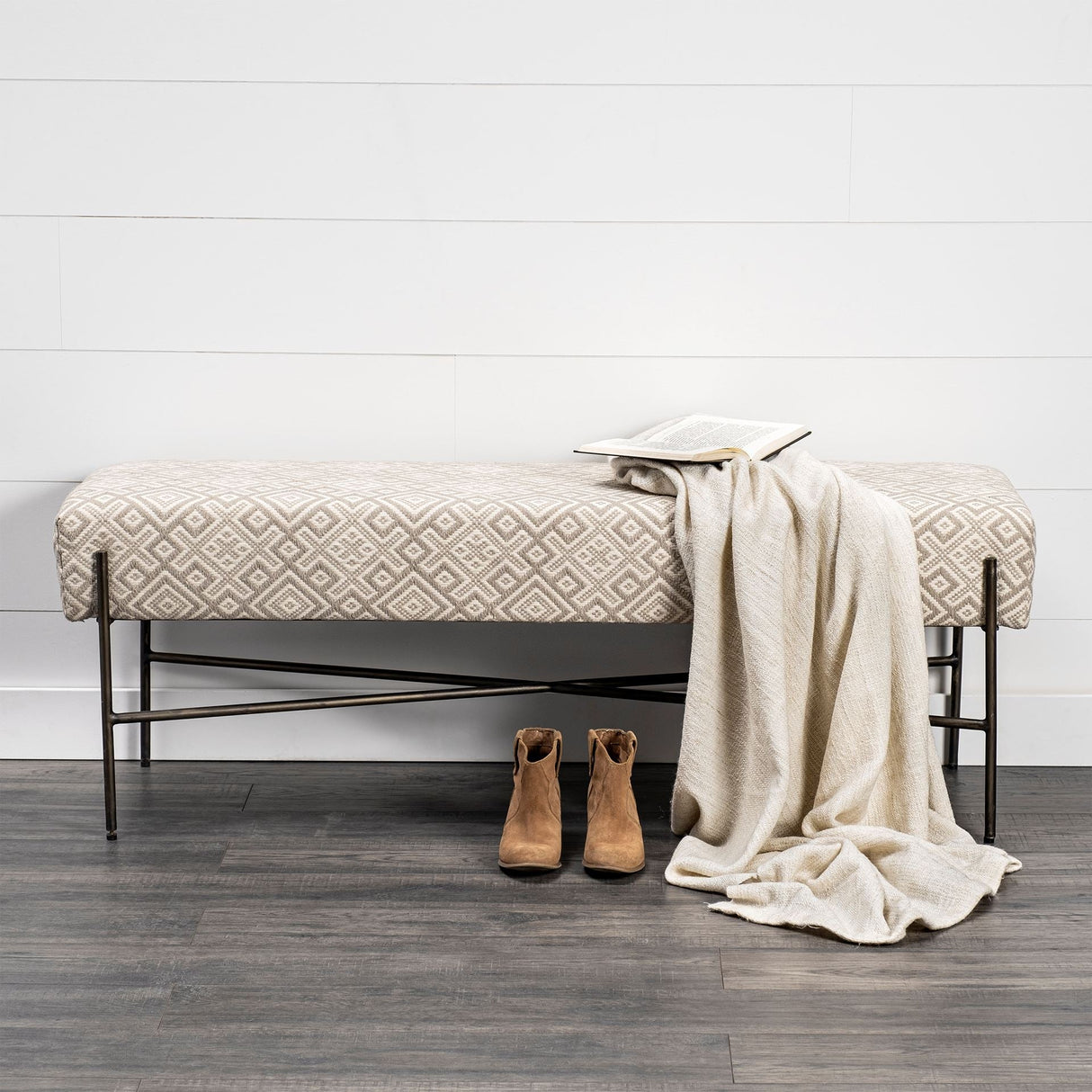Avery II Off White Upholstered Seat With Metal Base Accent Bench by Mercana at Eve Furniture