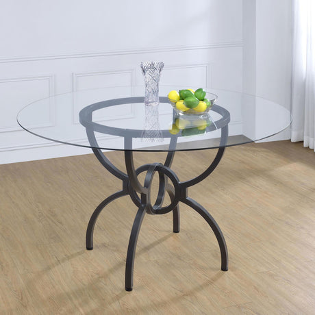 Aviano Clear and Gunmetal 48" Round Glass Top Dining Table by Coaster at Eve Furniture