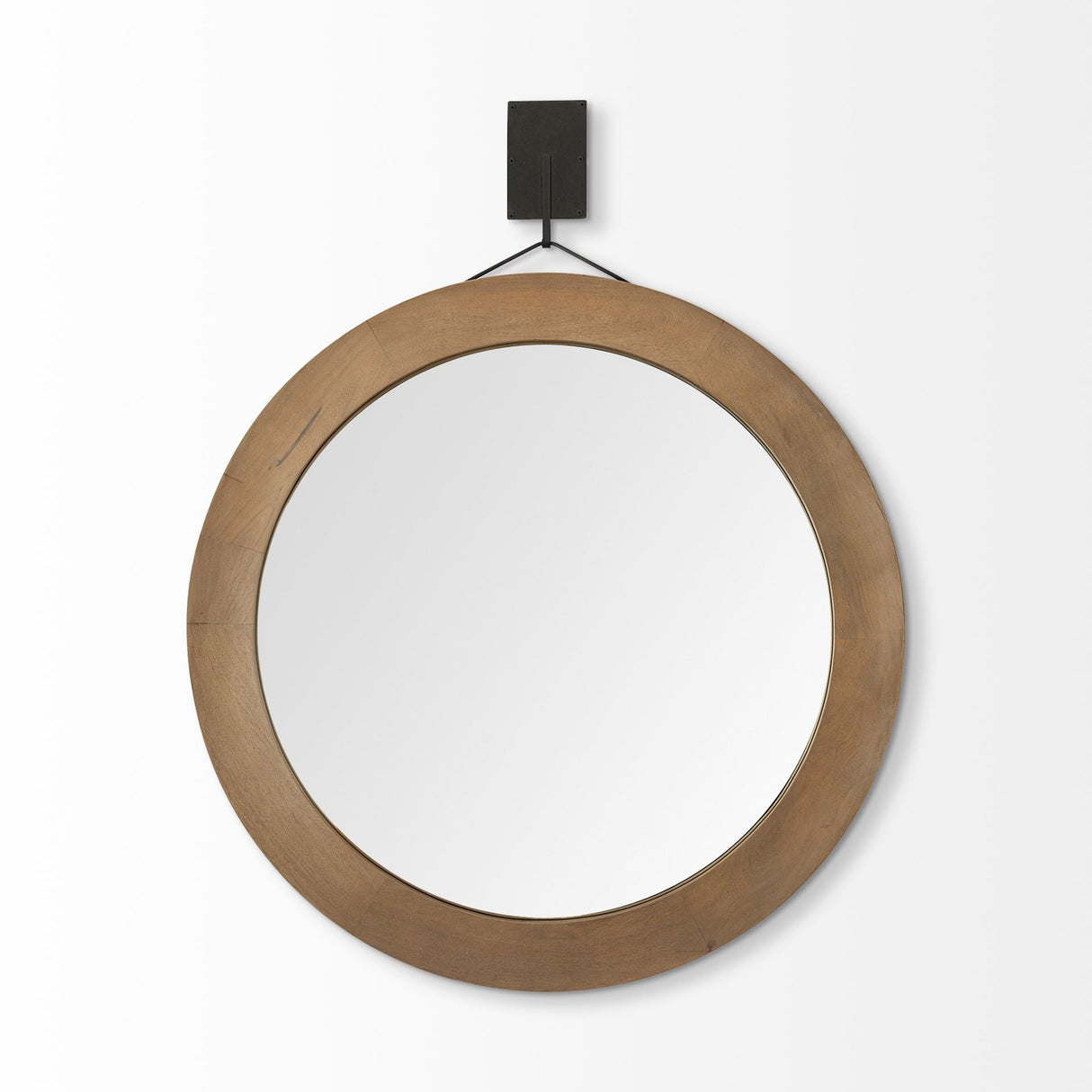 Avram Round Brown Wood Frame Mirror by Mercana at Eve Furniture