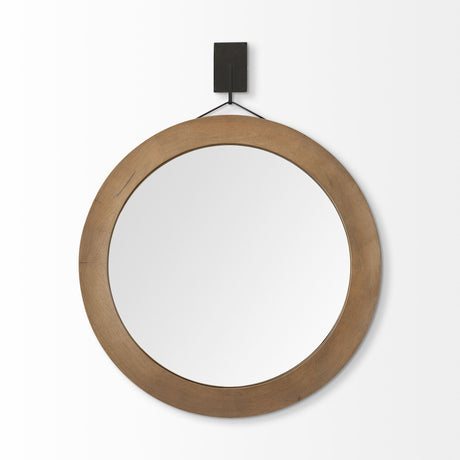 Avram Round Brown Wood Frame Mirror by Mercana at Eve Furniture