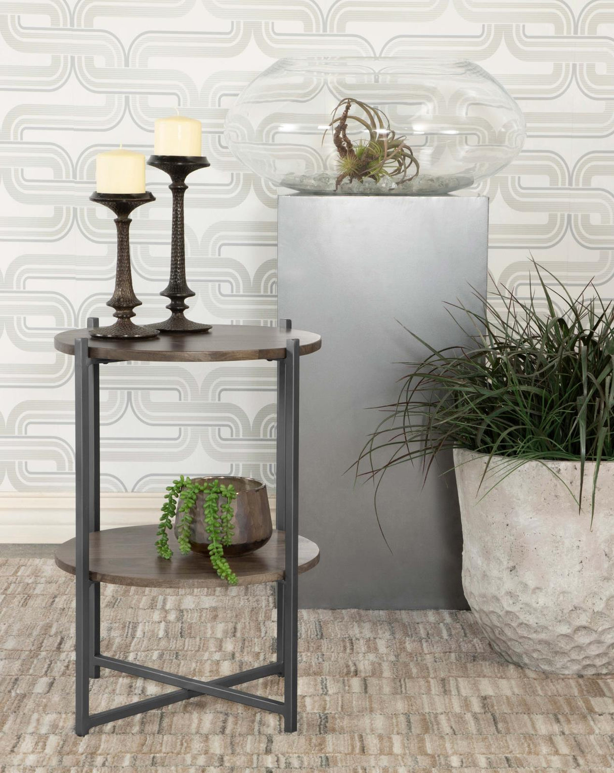 Axel Natural/Gunmetal Round Accent Table with Open Shelf