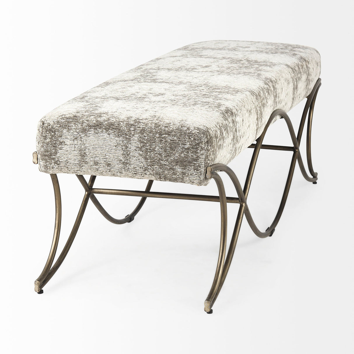 Ayla 55L x 17.6W x 18H Light and Dark Gray Fabric Seat W/ Antique Gold Metal Frame Bench by Mercana at Eve Furniture