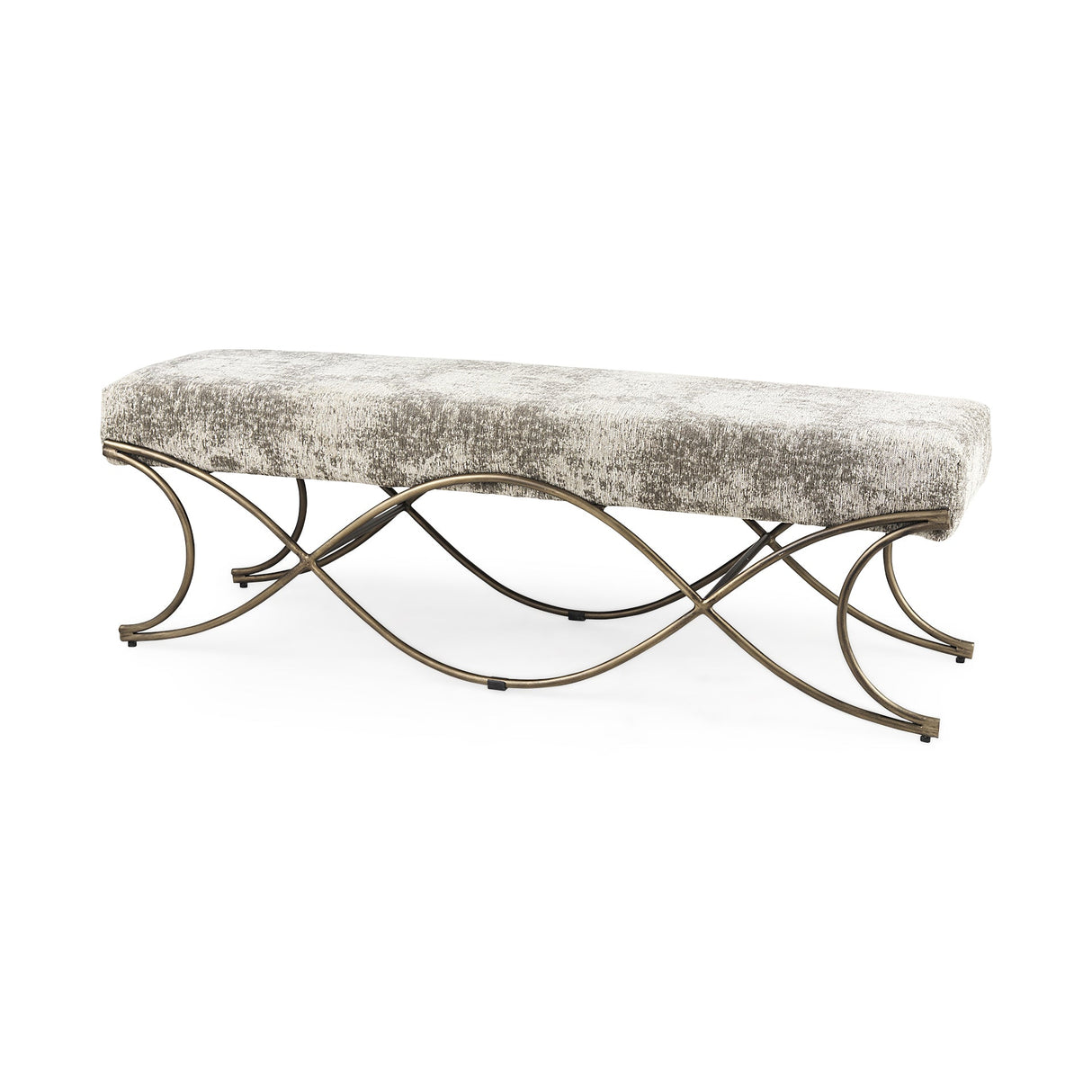 Ayla 55L x 17.6W x 18H Light and Dark Gray Fabric Seat W/ Antique Gold Metal Frame Bench by Mercana at Eve Furniture