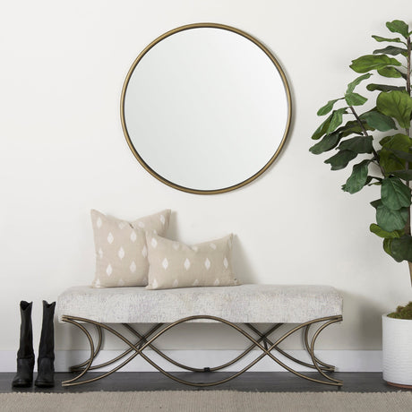 Ayla Dark Gray Fabric Seat W/ Dark Nickel Metal Frame Bench by Mercana at Eve Furniture
