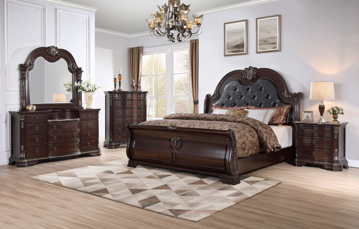 Stana Brown Upholstered 4-Piece King Sleigh Bedroom Set