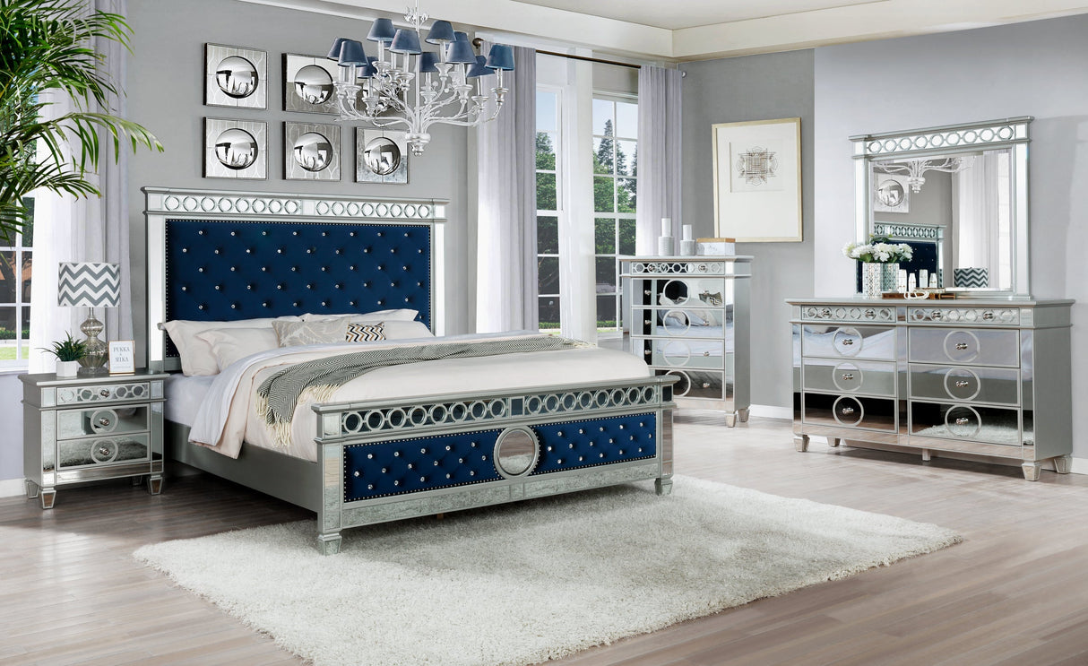 Glamour Blue Mirrored Upholstered 4-Piece King Bedroom Set