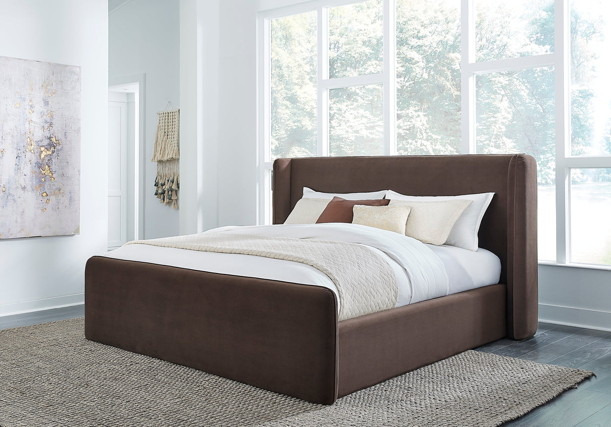 Bacall Velvet Eastern King Upholstered Wingback Platform Bed in Cola by Modus Furniture at Eve Furniture