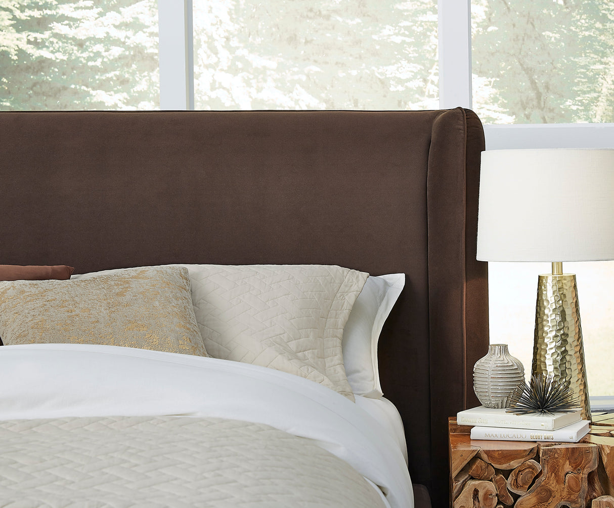Bacall Velvet Queen Upholstered Wingback Platform Bed in Cola by Modus Furniture at Eve Furniture