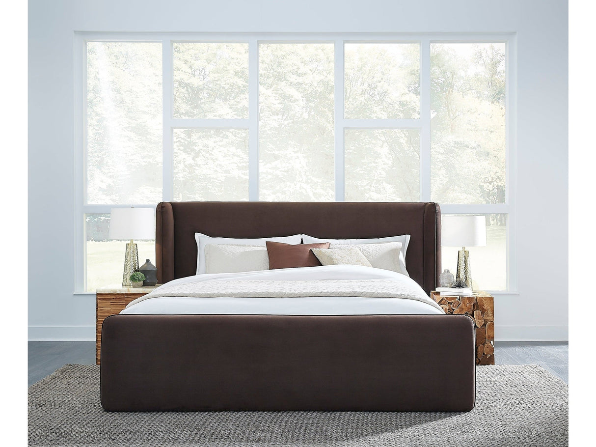 Bacall Velvet Queen Upholstered Wingback Platform Bed in Cola by Modus Furniture at Eve Furniture