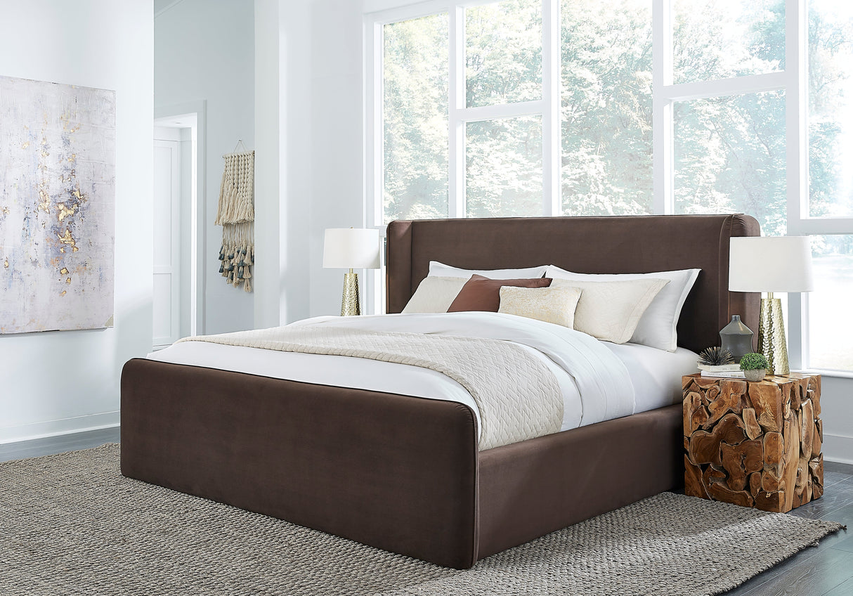 Bacall Velvet Queen Upholstered Wingback Platform Bed in Cola by Modus Furniture at Eve Furniture