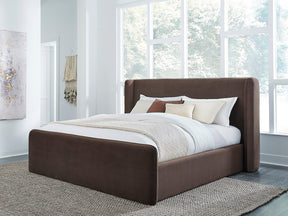 Bacall Velvet Queen Upholstered Wingback Platform Bed in Cola by Modus Furniture at Eve Furniture