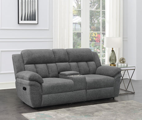 Bahrain Charcoal Upholstered Motion Loveseat with Console by Coaster at Eve Furniture