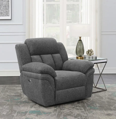 Bahrain Charcoal Upholstered Power Glider Recliner by Coaster at Eve Furniture