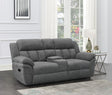 Bahrain Charcoal Upholstered Motion Loveseat with Console by Coaster at Eve Furniture