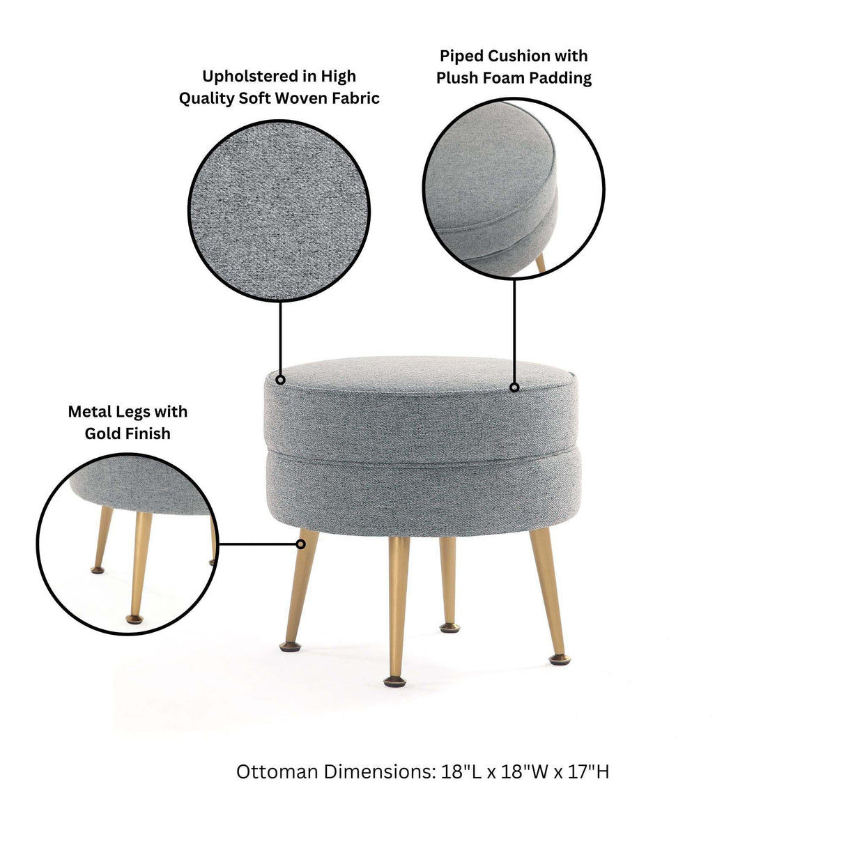 Bailey Ottoman in Grey with Gold Feet by Manhattan Comfort at Eve Furniture