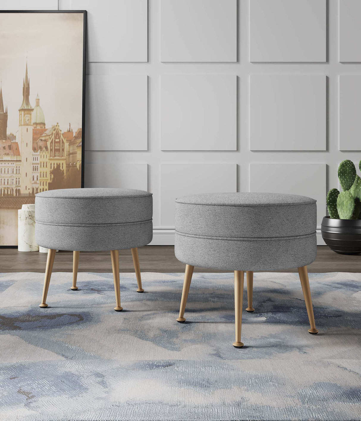 Bailey Ottoman in Grey with Gold Feet (set of 2) by Manhattan Comfort at Eve Furniture